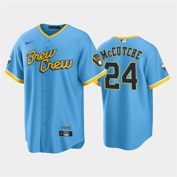 Men's Milwaukee Brewers #24 Andrew McCutchen 2022 Powder Blue City Connect Cool Base Stitched Jersey